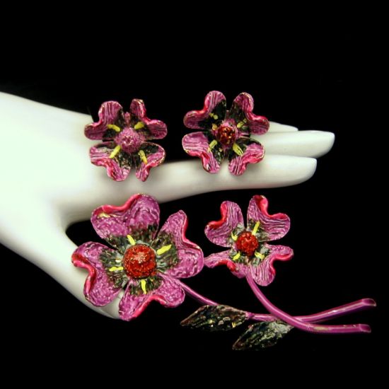 ART Purple Enamel Flowers Brooch and Earrings Set