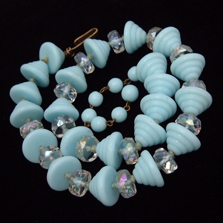 Vintage Art Deco Revival Necklace Blue Glass Aurora Borealis AB Crystal Beads from myclassicjewelry.com