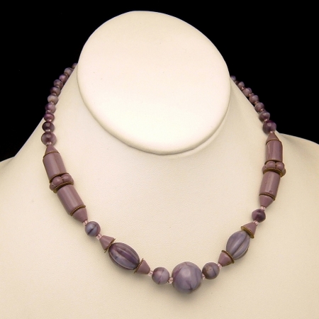 Art Deco Czech Carved Glass Purple Beads Necklace