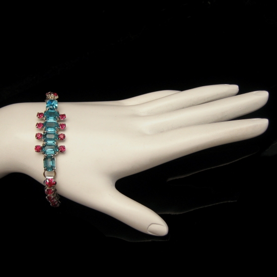 Gorgeous Vintage Art Deco Revival Aqua Blue Pink Rhinestone Bracelet from myclassicjewelry.com