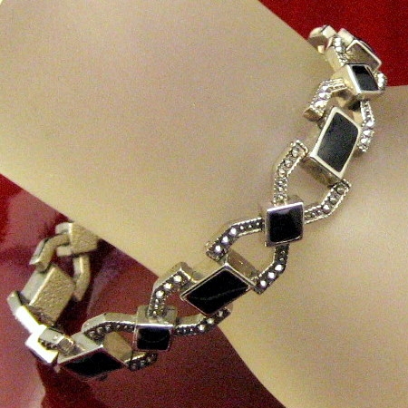 Vintage Art Deco Revival Bracelet Black Enamel Beaded Links Faux Marcasites from myclassicjewelry.com