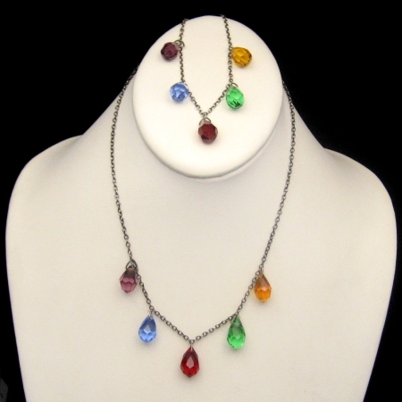 ART DECO Vintage STERLING Silver Necklace Bracelet Set Colored Briolette Dangles from myclassicjewelry.com
