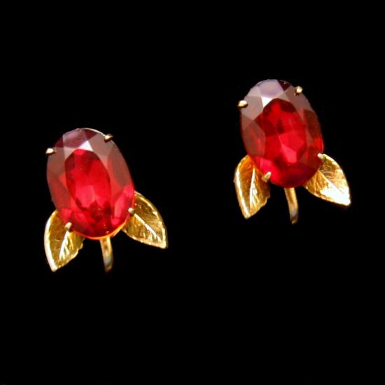 Vintage Early CORO Large Red Glass Rhinestone Leaf Earrings from myclassicjewelry.com