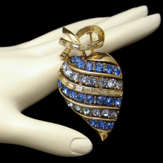 CORO PAT PEND Large Heart Shaped Vintage Blue Rhinestones Brooch from myclassicjewelry.com