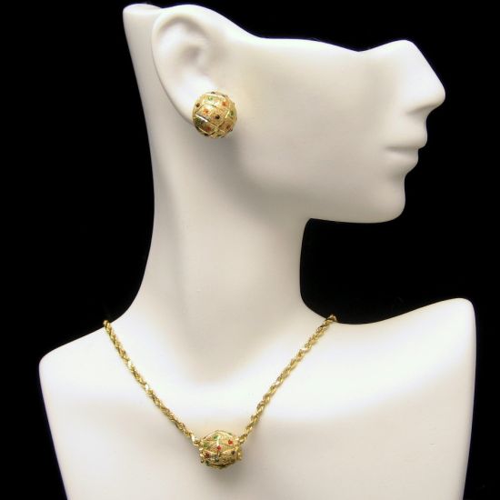 Vintage 14K Gold Necklace Earrings Set Slide Pendant Tiny Stones Red