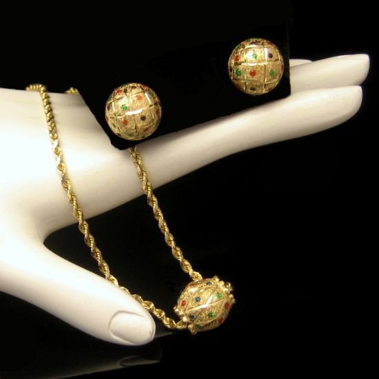 Vintage 14K Gold Necklace Earrings Set Slide Pendant Tiny Stones Red