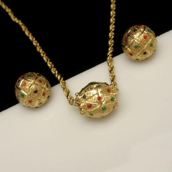Vintage 14K Gold Necklace Earrings Set Slide Pendant Tiny Stones Red