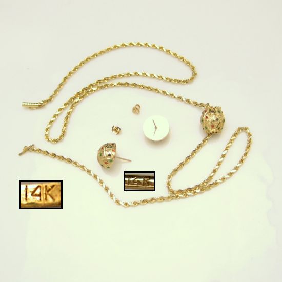 Vintage 14K Gold Necklace Earrings Set Slide Pendant Tiny Stones Red