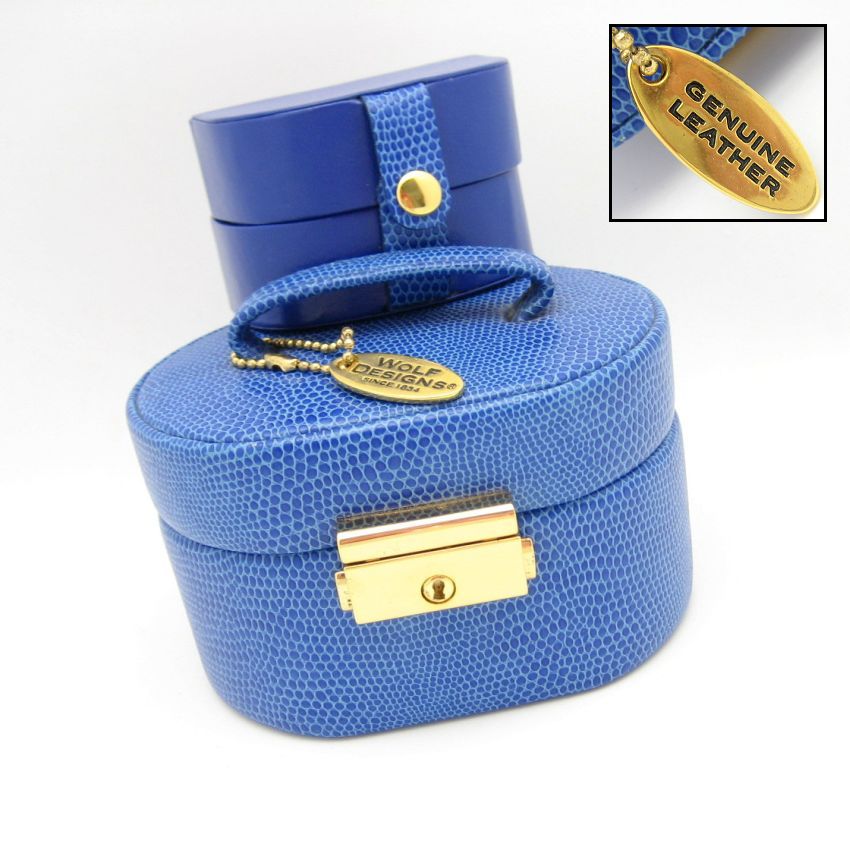 WOLF DESIGNS 2 in 1 Genuine Leather Blue Jewelry Box Travel Case Lizard