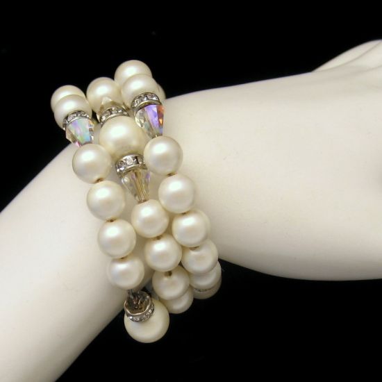 Vintage Faux Pearl AB Crystals Coil Bracelet Rhinestone Rondelles Wrap
