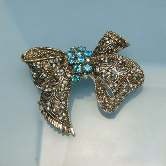 Vintage Large Blue AB Rhinestone Bow Brooch Pin Filigree Detailed