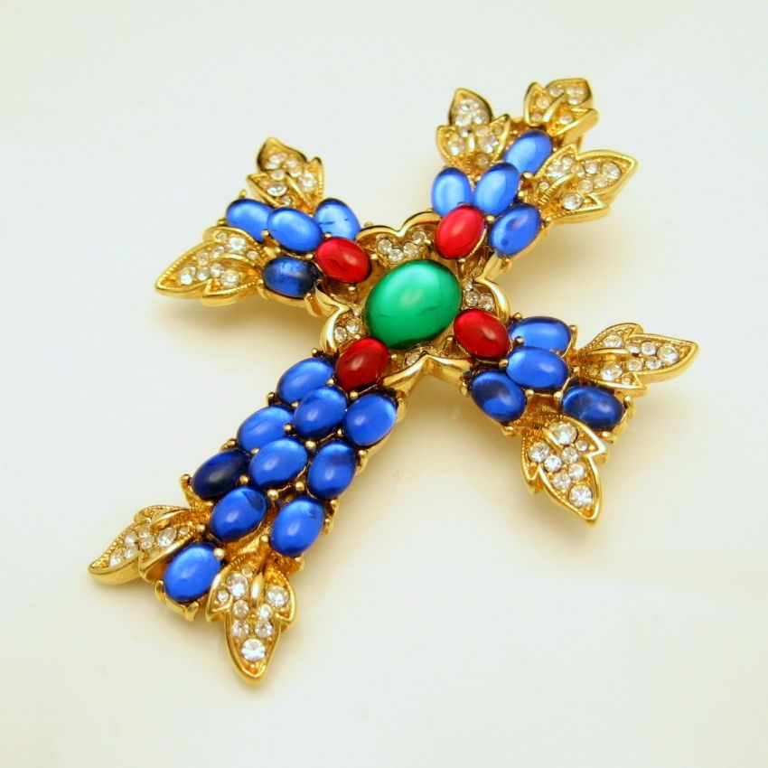TRIFARI Vintage Maltese Cross Brooch Pin Pendant Large Glass Stones