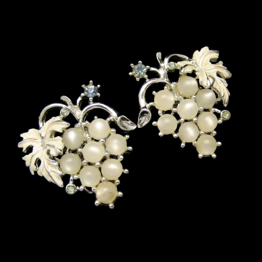 Vintage Grapes Cluster Earrings Satin Glass Faux Moonstone Enamel