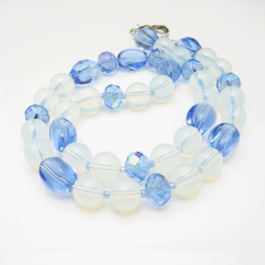 Translucent Blue Glass Crystal Beads Necklace Chunky Vintage Unique