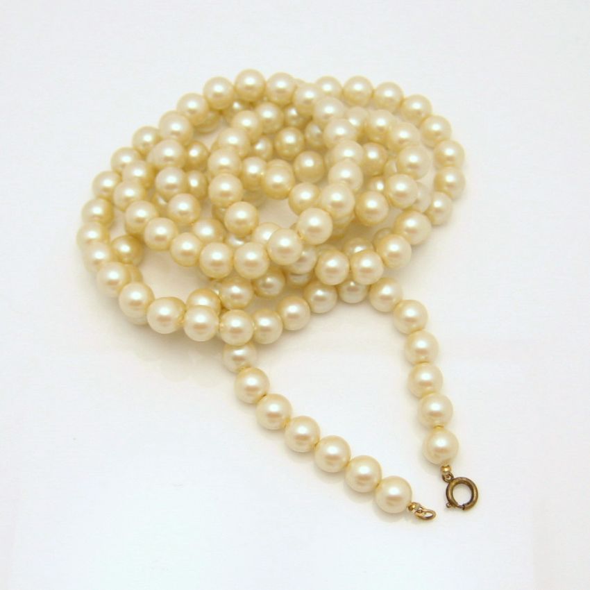 Large 10mm Faux Pearls Flapper Length Necklace Vintage 53 inch Long