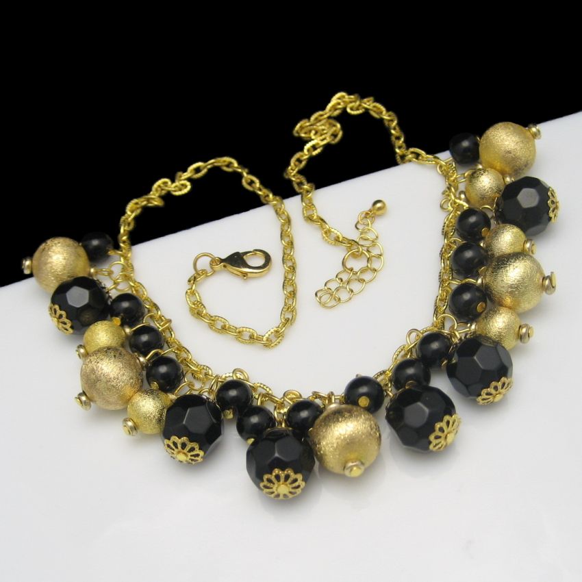 Vintage Chunky Dangle Beads Runway Necklace Black Glass Crystals Matte
