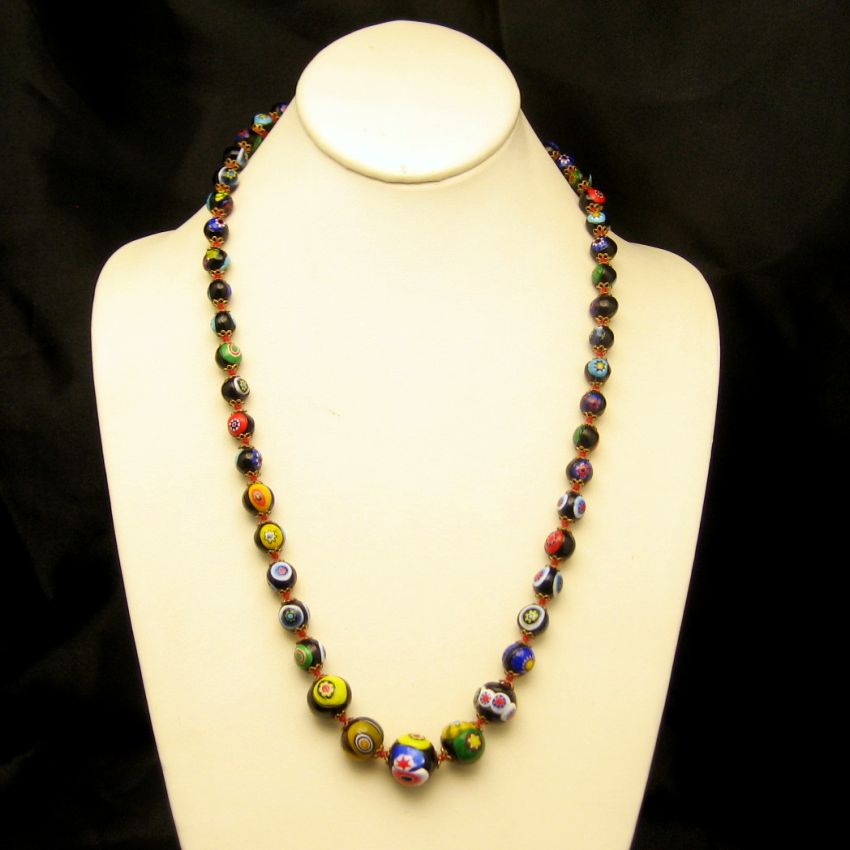 Vintage Venetian Black Multi Millefiori Glass Beads Necklace