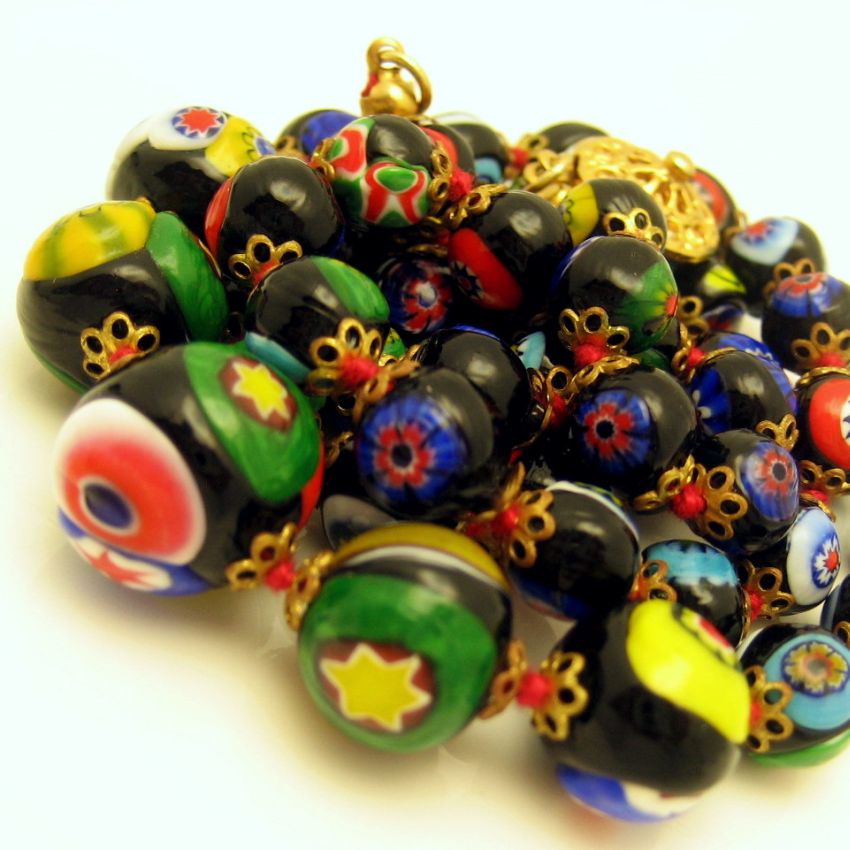 Venetian Black Multi Millefiori Beads Necklace Closeup 2