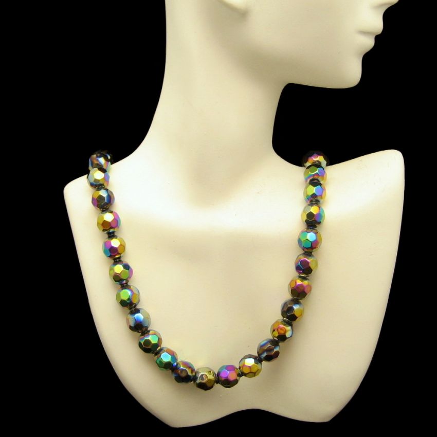 Vintage Chunky Faceted Carnival Glass Beads Necklace Gold Plated