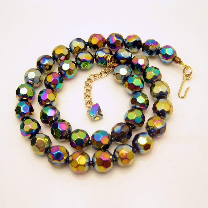 Vintage Chunky Faceted Carnival Glass Beads Necklace Gold Plated