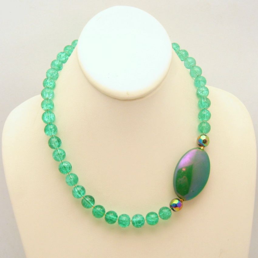 Vintage Green Crackle Carnival Glass Beads Necklace Unique Pendant