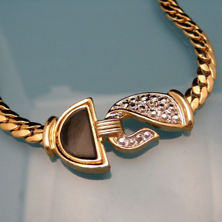 Vintage Thick Chain Necklace Black Enamel Beaded Silvertone Pendant