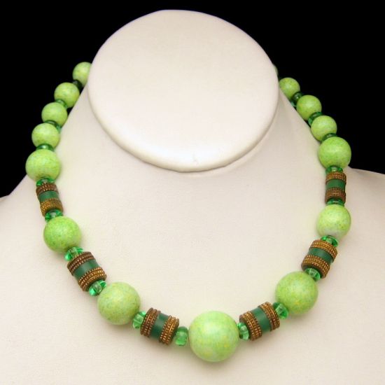 Vintage Chunky Necklace Green Mottled Yellow Glass Crystal Brass Beads
