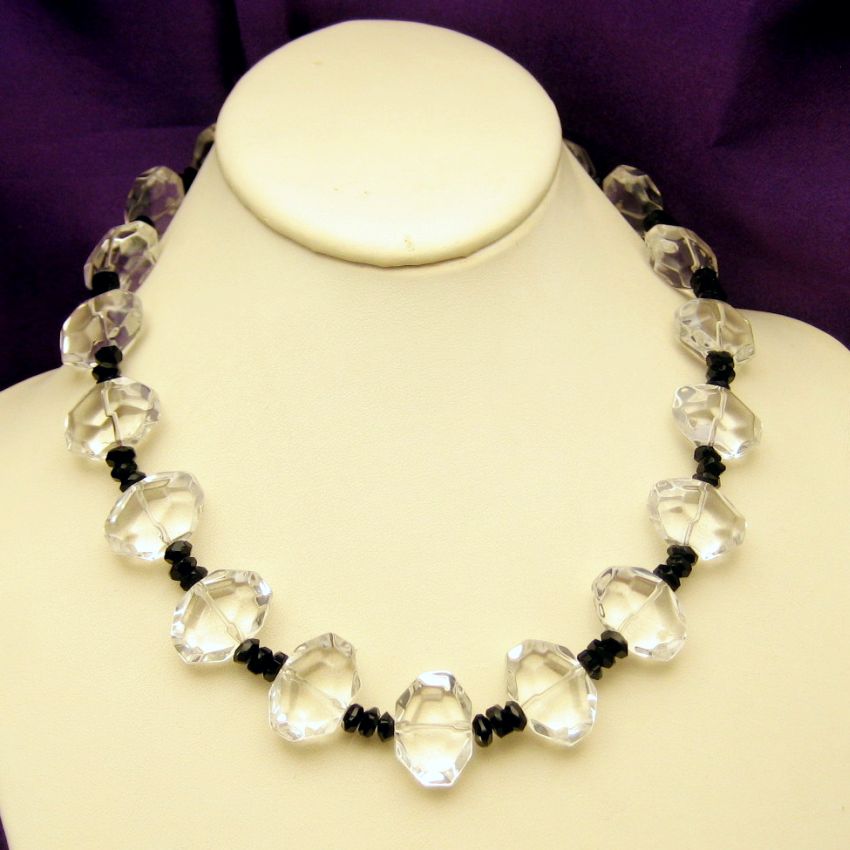 Vintage Chunky Glass Beads Necklace Clear Black Unique Style Artisan