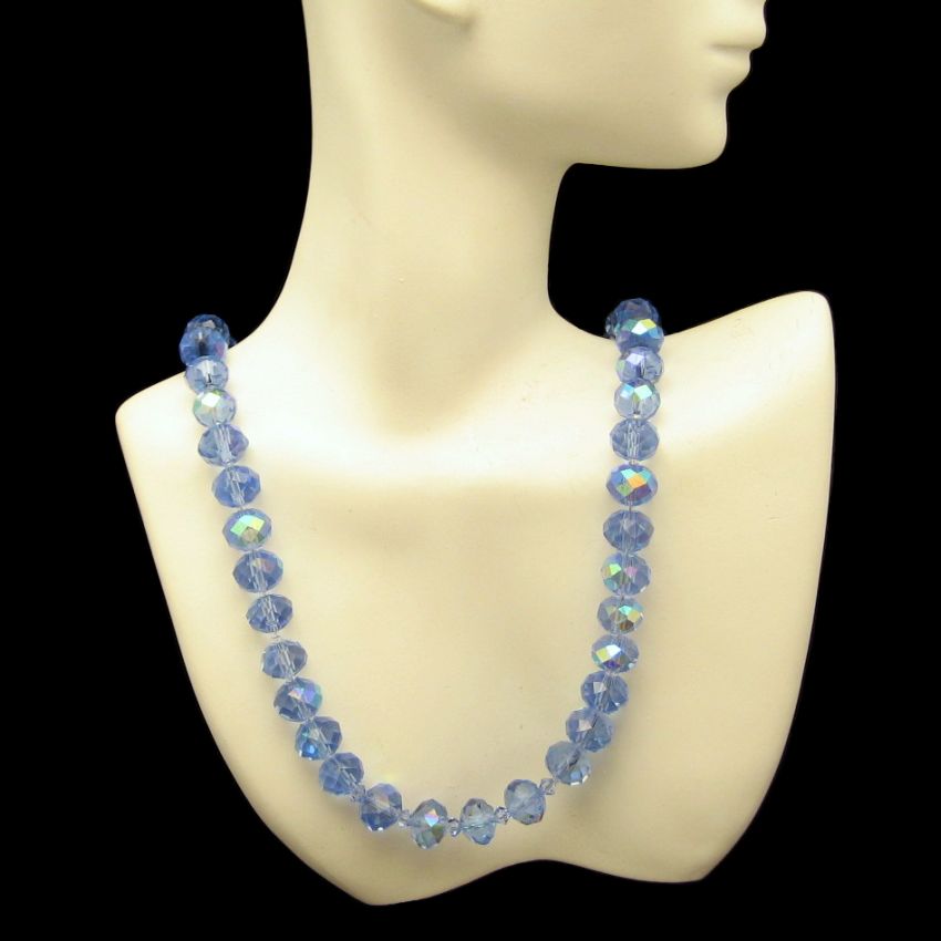 Vintage Ice Blue Glass AB Crystals Necklace Faceted Rondelles Silver Plated