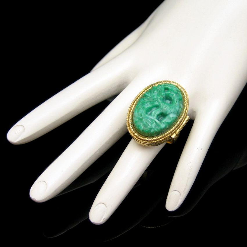Vintage Avon Large Carved Faux Jade Perfume Ring
