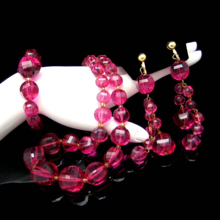 Chunky Pink Red Lucite Faux Crystal Beads Necklace Bracelet Earrings