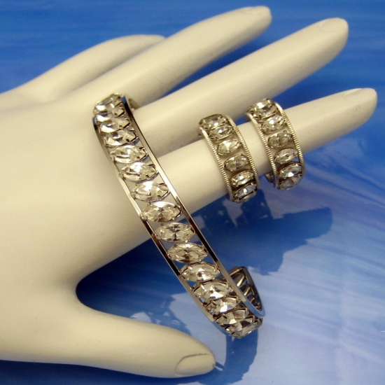 KREMENTZ Vintage Bangle Bracelet Rhodium Plated Rhinestones Hoop Earrings