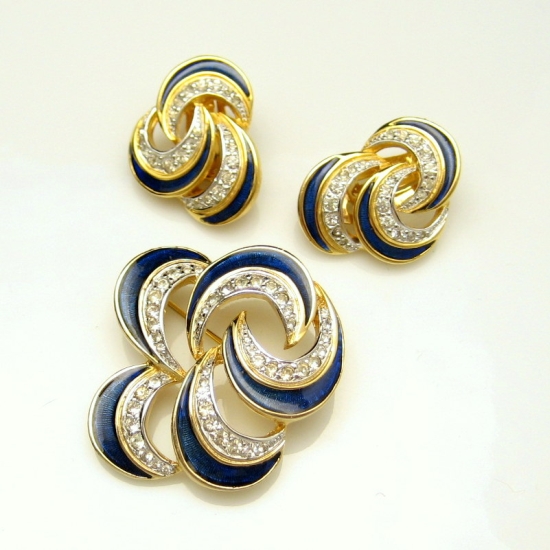POLCINI Vintage Blue Enamel Pave Rhinestones Brooch Pin Earrings Set eBay