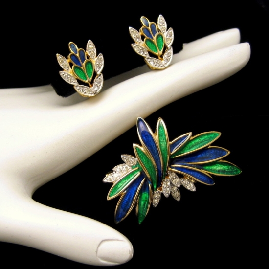 POLCINI Vintage Blue Green Enamel Rhinestones Brooch Pin Earrings Set