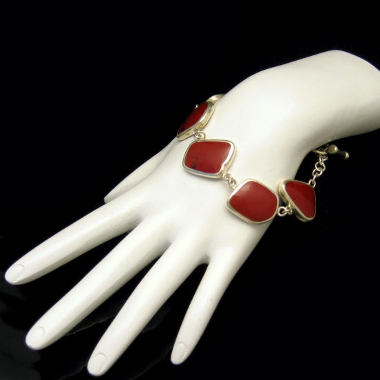 Vintage Chunky Modernist Sterling Red Jasper Bracelet