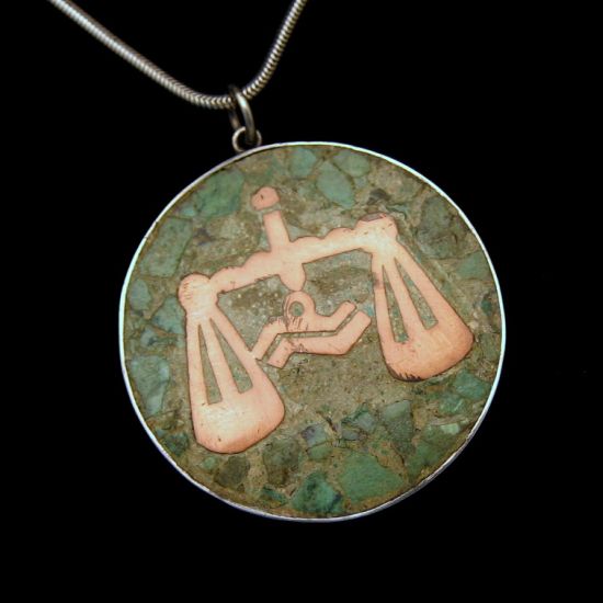 MEXICO STERLING Silver Copper Turquoise Vintage Zodiac Libra Pendant Necklace from myclassicjewelry.com