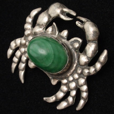 Vintage Mexico Sterling Silver and Malachite Figural Crab Pin from myclassicjewelry.com