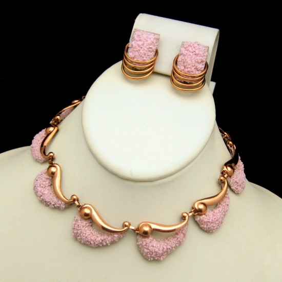 Renoir Matisse Rare California Dreamin' Pink Glass Enamel Copper Necklace and Earrings
