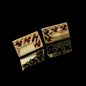 ANSON Vintage Mens Cuff Links Mid Century Red Baguette Rhinestones Goldtone Rectangles Cutout