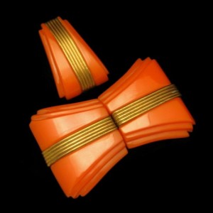 Art Deco Carved Orange Bakelite Vintage Belt Buckle Dress Clip Set Brass Trim