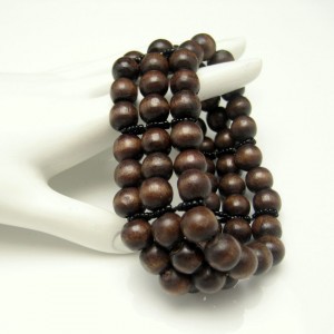 Mid Century Wood Beads 3 Strands Extra Wide Vintage Bracelet Stretch Warm Rich Brown Colors