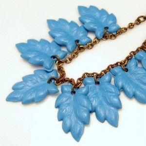 Mid Century Vintage 1950s Charm Bracelet Blue CELLULOID Leaves Large Dangles Statement