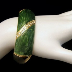 Mid Century Bangle Bracelet Green Enamel Rhinestones Wide Vintage Hinged Gold Plated