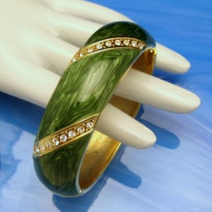 Mid Century Bangle Bracelet Green Enamel Rhinestones Wide Vintage Hinged Gold Plated