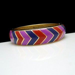 Vintage Bangle Bracelet Mid Century Red Purple Blue Enamel Stripes Wide Hinged High Quality