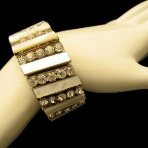 Vintage Expansion Bracelet Mid Century Mother of Pearl Rhinestones Prong Set Unique 5 Rows Wide Chunky