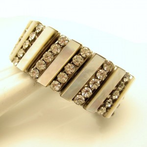 Vintage Expansion Bracelet Mid Century Mother of Pearl Rhinestones Prong Set Unique 5 Rows Wide Chunky
