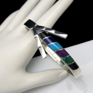 TAXCO MEXICO 925 Sterling Silver Hinged Arrow Bangle Bracelet Inlay Gemstones