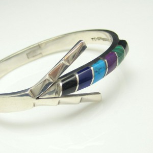 TAXCO MEXICO 925 Sterling Silver Hinged Arrow Bangle Bracelet Inlay Gemstones