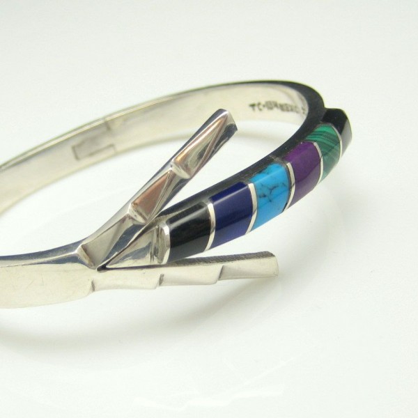 BLACK or PURPLE inlay Taxco 44g Sterling SILVER .925 Hinged Bangle Bracelet 